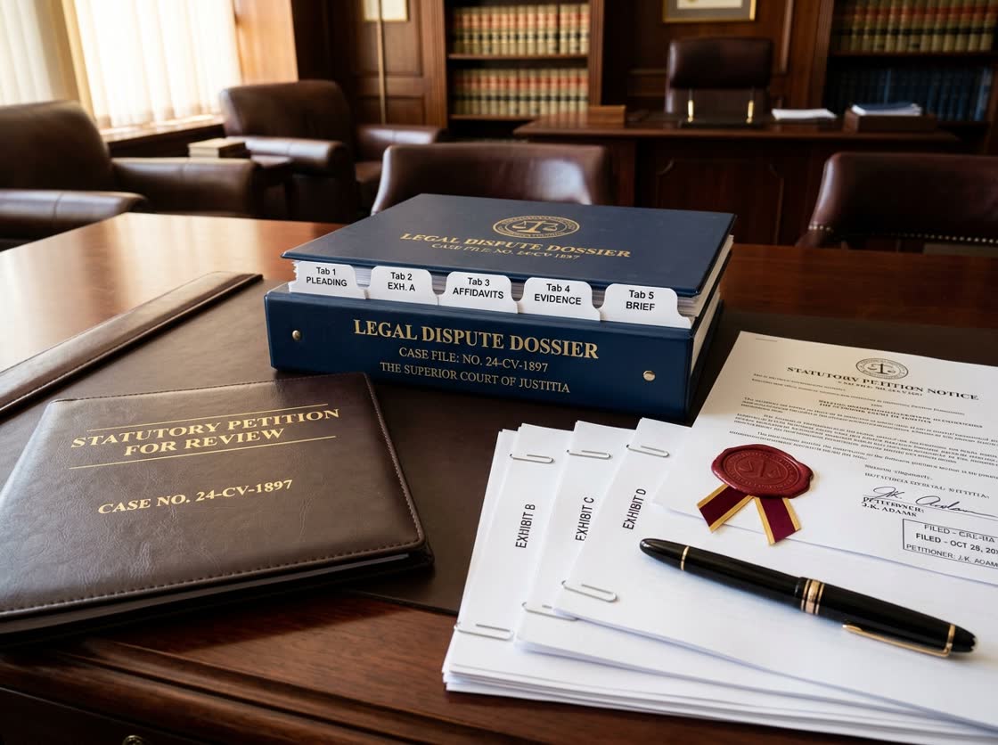 A prepared case dossier, petition folder and sealed submission on a desk