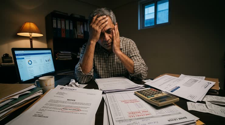 A man at a desk covered in statements and unpaid bills