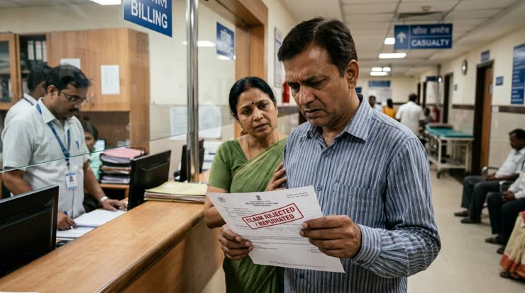 A couple reading a rejection letter at a hospital billing counter