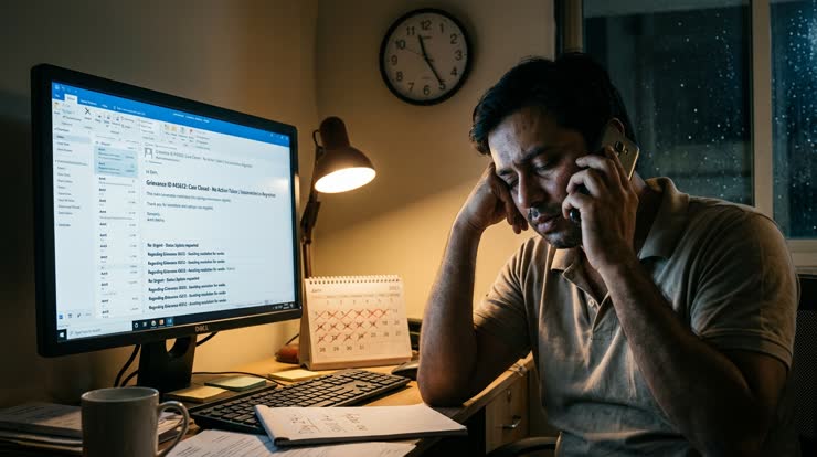 A man on the phone at night beside an inbox of unanswered emails